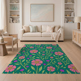 Vibrant Pink Daisy Purple Floral Green Rug