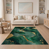 ODIKA Washable Emerald Green and Gold Marble Area Rug - Low Pile, Non-Slip & Pet Friendly