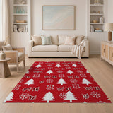 Festive Red Christmas Tree Reindeer Snowflake Rug
