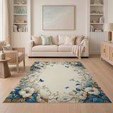 Vintage Blue Gardenia Butterfly Floral Border Rug