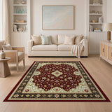 ODIKA Washable Traditional Vintage Oriental Rug - Burgundy & Cream Low Pile Non-Slip Area Rug