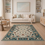 Ivory Persian Rug with Teal Border, Birds Flowers