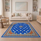 Blue and Teal Navy Blue Fleur-de-Lis Area Rug with Ornate Borders