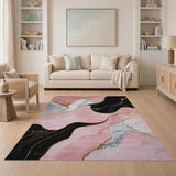 ODIKA Pink and Gold Marble Abstract Washable Area Rug, Low Pile Non-Slip Living Room Carpet