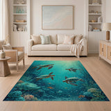 Graceful Sea Turtles in Teal Ocean Depths Rug