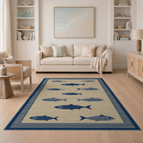 Navy Fish Silhouette Area Rug on Beige