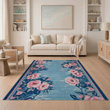 Teal Blue Runner Rug with Pink Rose Borders