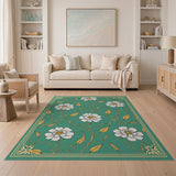 Vintage Teal Daisy Floral Area Rug with Gold Accents