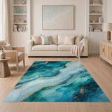ODIKA Teal and Gold Abstract Agate Washable Rug - Low Pile Non-Slip Area Rug
