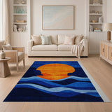 Orange Sun Over Teal Waves Geometric Rug