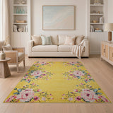 Vintage Pink Peony Floral Area Rug on Yellow