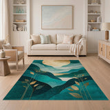 ODIKA Modern Abstract Mountain Teal & Gold Washable Area Rug - Low Pile, Non-Slip, Pet & Kid Friendly