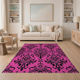 Hot Pink Damask Area Rug with Black Ornate Patterns