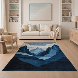 Layered Blue Mountain Peaks Abstract Rug