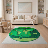 Round Green World Map Kids Area Rug