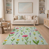 Mint Green Wildflower Area Rug with Daisies Lavender Poppies