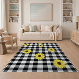 Yellow Sunflower Black White Buffalo Plaid Area Rug