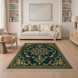 Emerald Green Gold Ornate Floral Medallion Rug