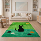 Whimsical Black Cat on Green Landscape Area Rug
