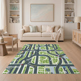 Urban City Map Green Washable Area Rug