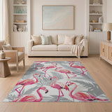 Pink Flamingo Grey Palm Leaf Area Rug
