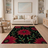 Red Red Poinsettia Floral Area Rug on Black