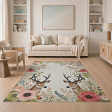 Pink Peony Deer Floral Area Rug
