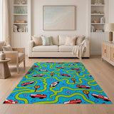 Playful Cartoon Road Race Kids Area Rug