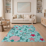 Whimsical Teal Seashell Starfish Pufferfish Area Rug