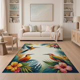 ODIKA Tropical Bird and Hibiscus Floral Washable Area Rug - Low Pile, Non-Slip, Pet & Kid Friendly
