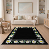 Daisy Floral Border Black Area Rug