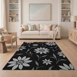 Elegant Silver Floral Black Area Rug