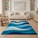 ODIKA Modern Abstract Ocean Wave Washable Area Rug - Low Pile Non-Slip Blue Decor
