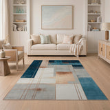 Washable Modern Abstract Geometric Area Rug - Blue & Copper, Low Pile