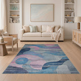 Abstract Wavy Blue Pink Grey Area Rug