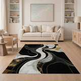 Abstract Black Marble Gold Wave Area Rug