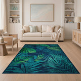 Navy Teal Monstera Palm Leaf Area Rug