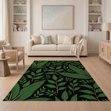 Vibrant Green Leaves on Black Area Rug