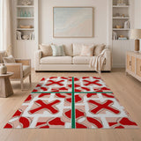 Bold Red X Grid Geometric Area Rug