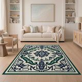 Teal Border Navy Floral Persian Area Rug