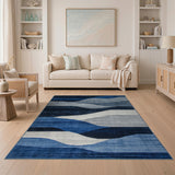 Blue and Teal Geometric Modern Layered Blue Wave Geometric Area Rug