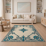 Teal Ornate Floral Border Cream Area Rug