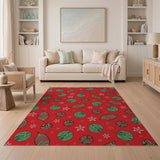 Festive Red Holiday Ornament and Leaf Pattern Area Rug