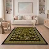 Gold Labyrinth Maze Area Rug with Greek Key Border