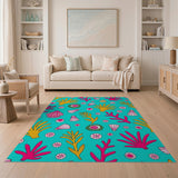 Vibrant Teal Coral Reef Seashell Area Rug