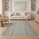 Beige Blue Textured Geometric Woven Rug