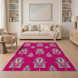 Vibrant Pink Geometric Palm Frond Area Rug