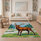 Majestic Cartoon Red Deer in Snowy Mountains Rug