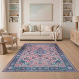 Blush Pink Persian Area Rug with Navy Blue Borders