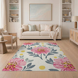 Pink Floral Area Rug with Yellow Dots Grey Leaves
